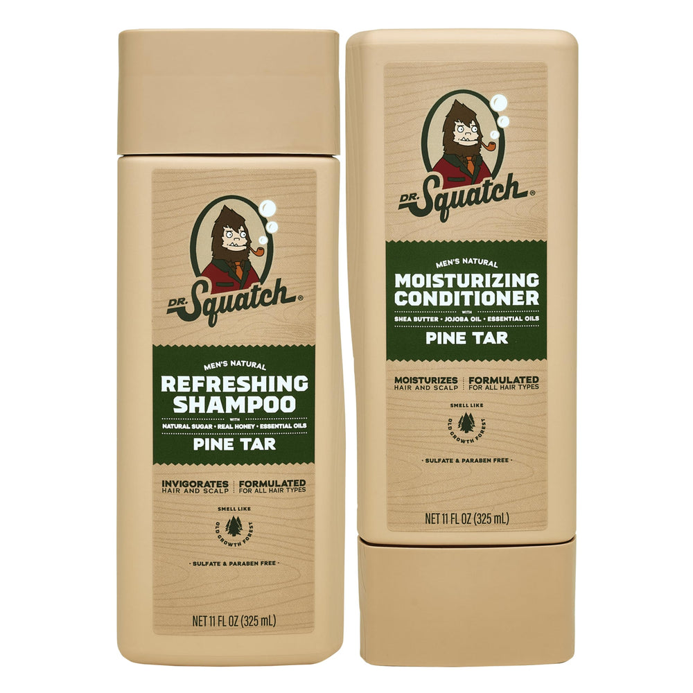Dr. Squatch Pine Tar shampoo bottle for natural cleansing and healthy hair