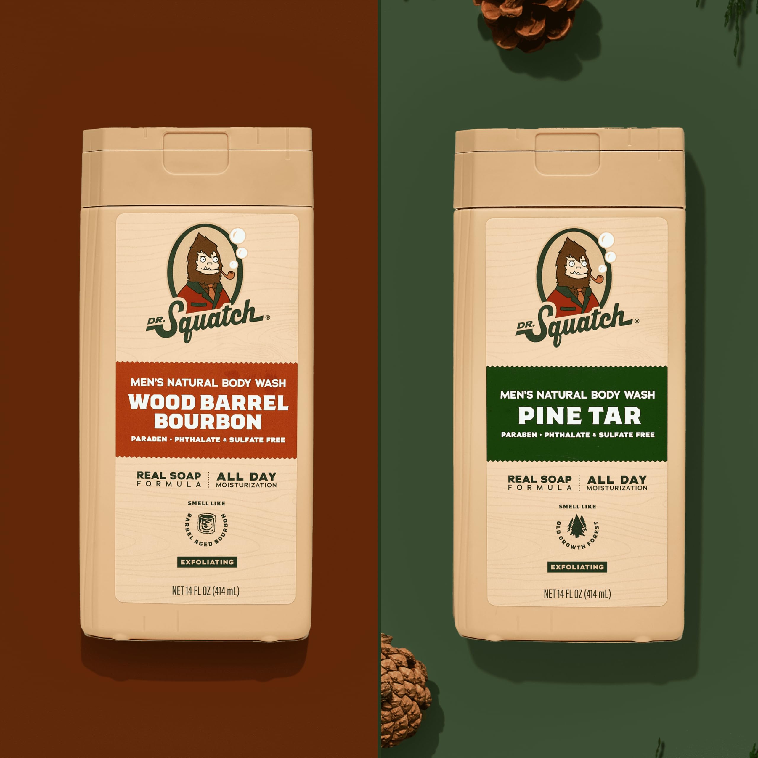 Dr. Squatch Pine Tar Wood Barrel Bourbon in a rugged bathroom scene