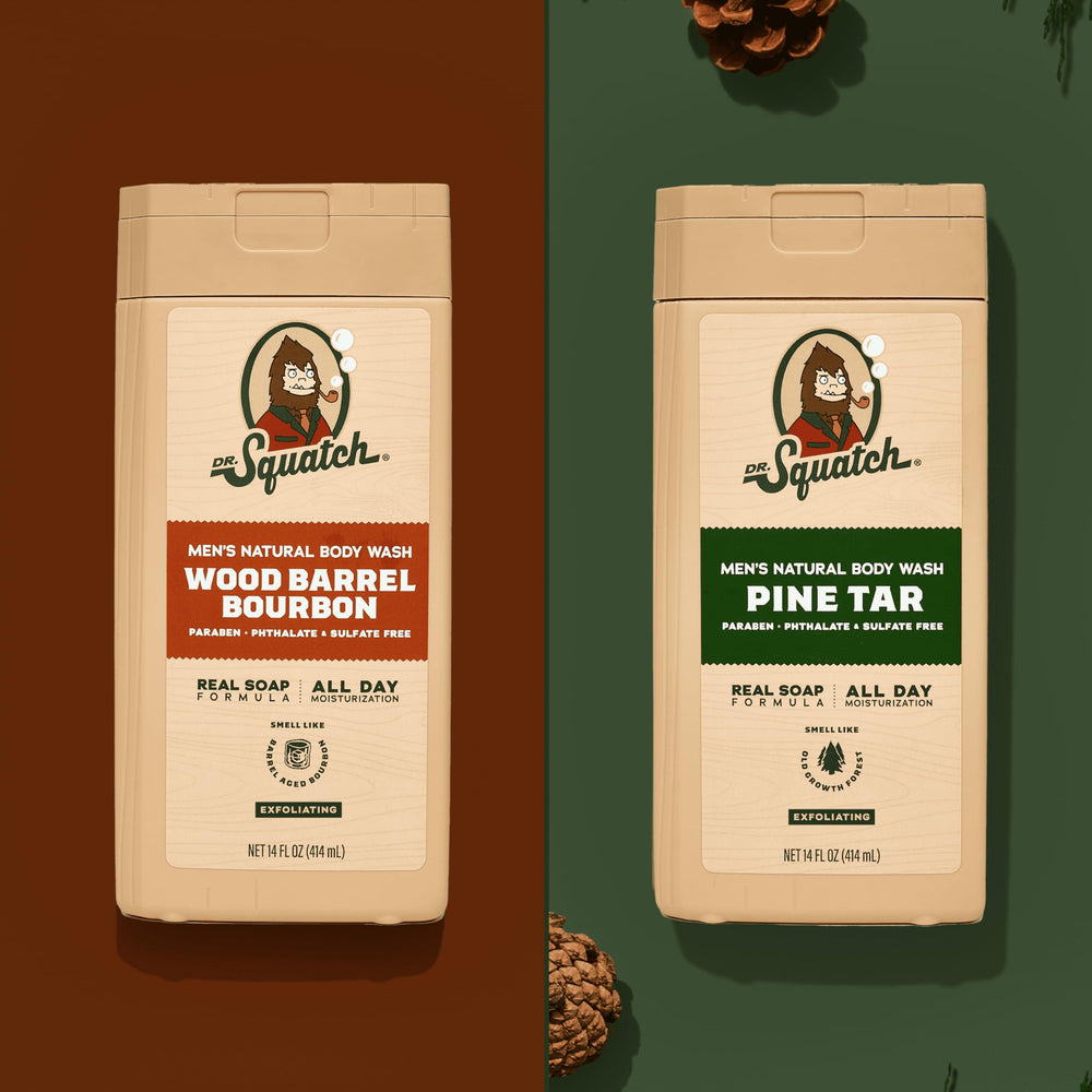 Dr. Squatch Pine Tar Wood Barrel Bourbon in a rugged bathroom scene