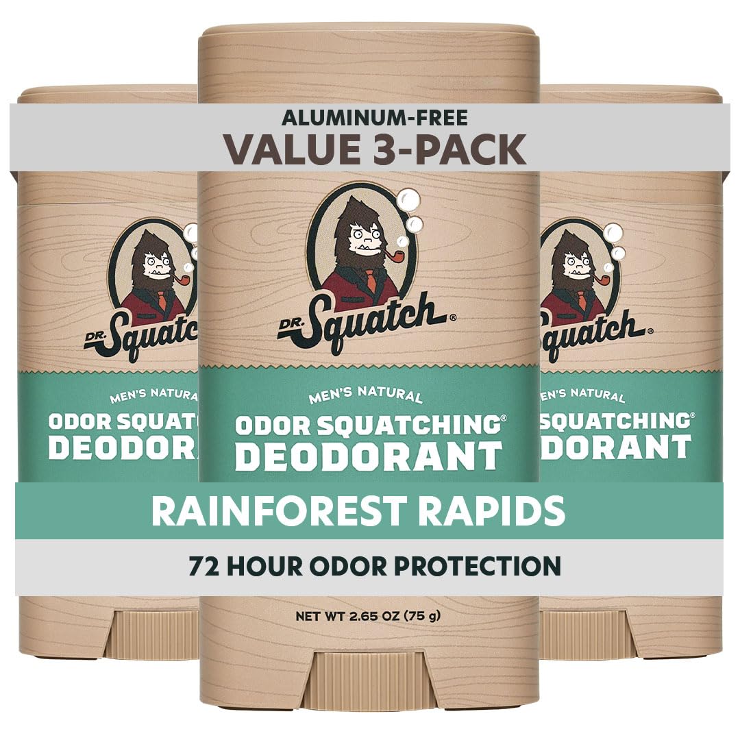 Dr. Squatch Rainforest Rapids deodorant stick packaging for all-day freshness.