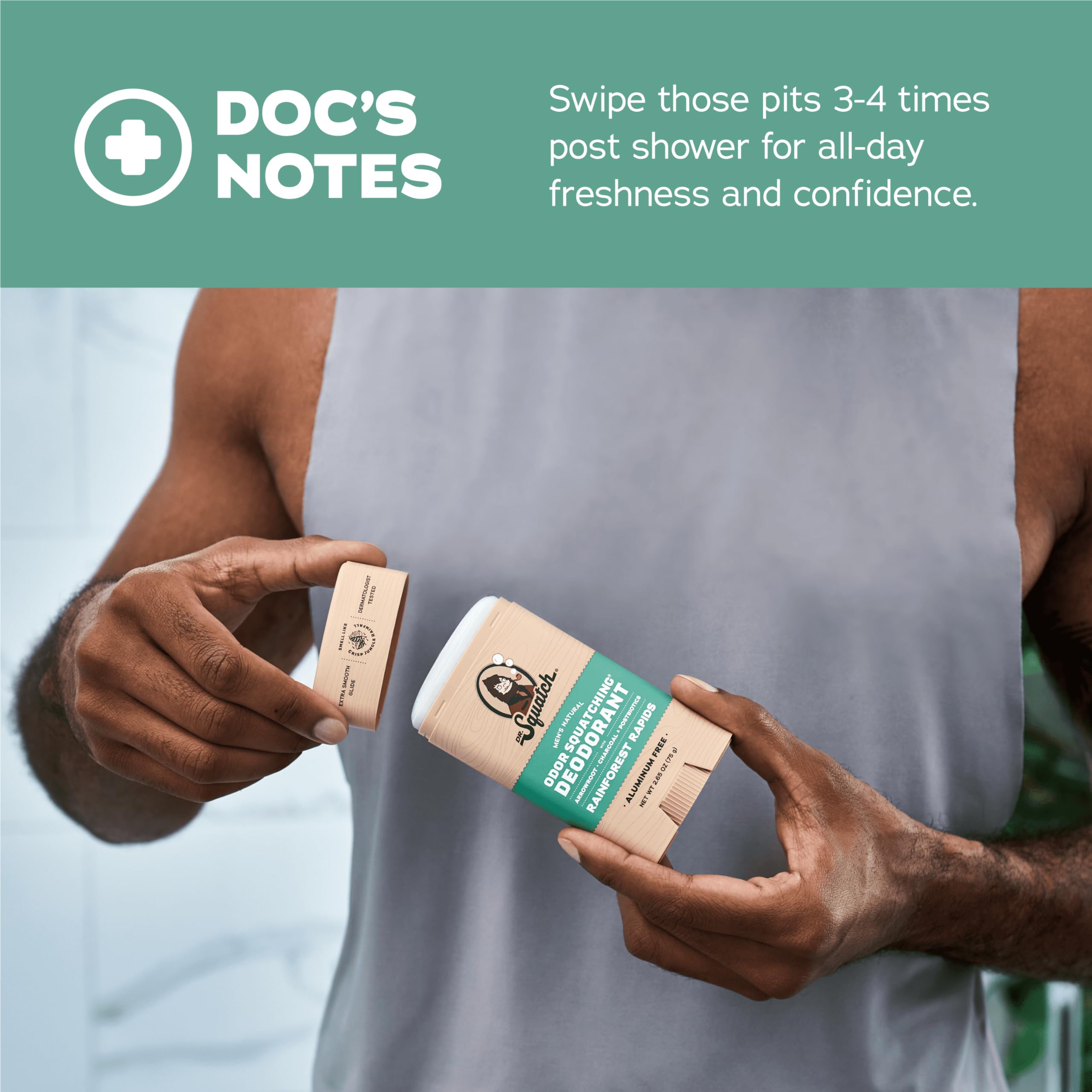 Postbiotics blend with Dr. Squatch deodorant for skin-friendly protection.