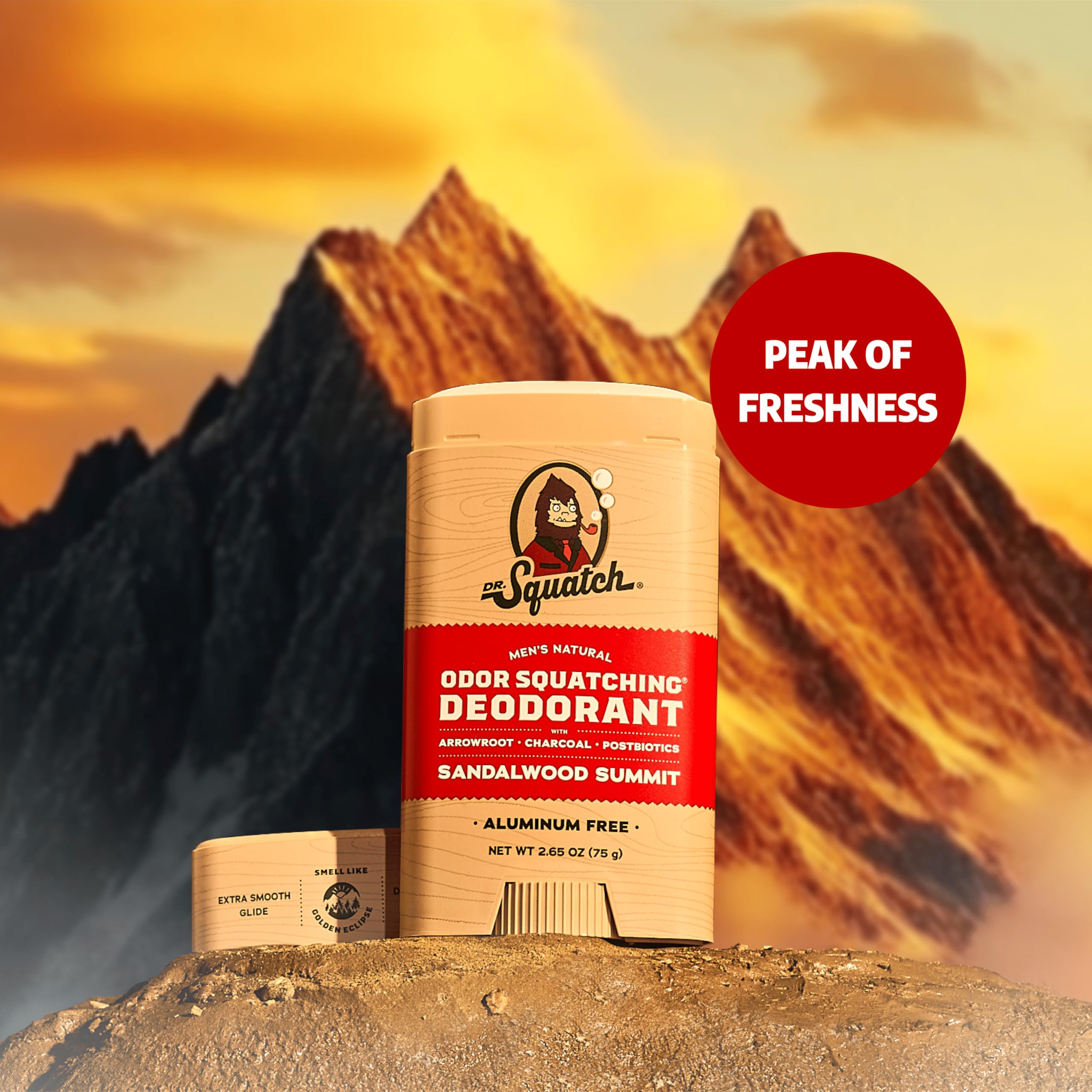 Dr. Squatch Sandalwood Summit deodorant stick side shot highlighting natural ingredients