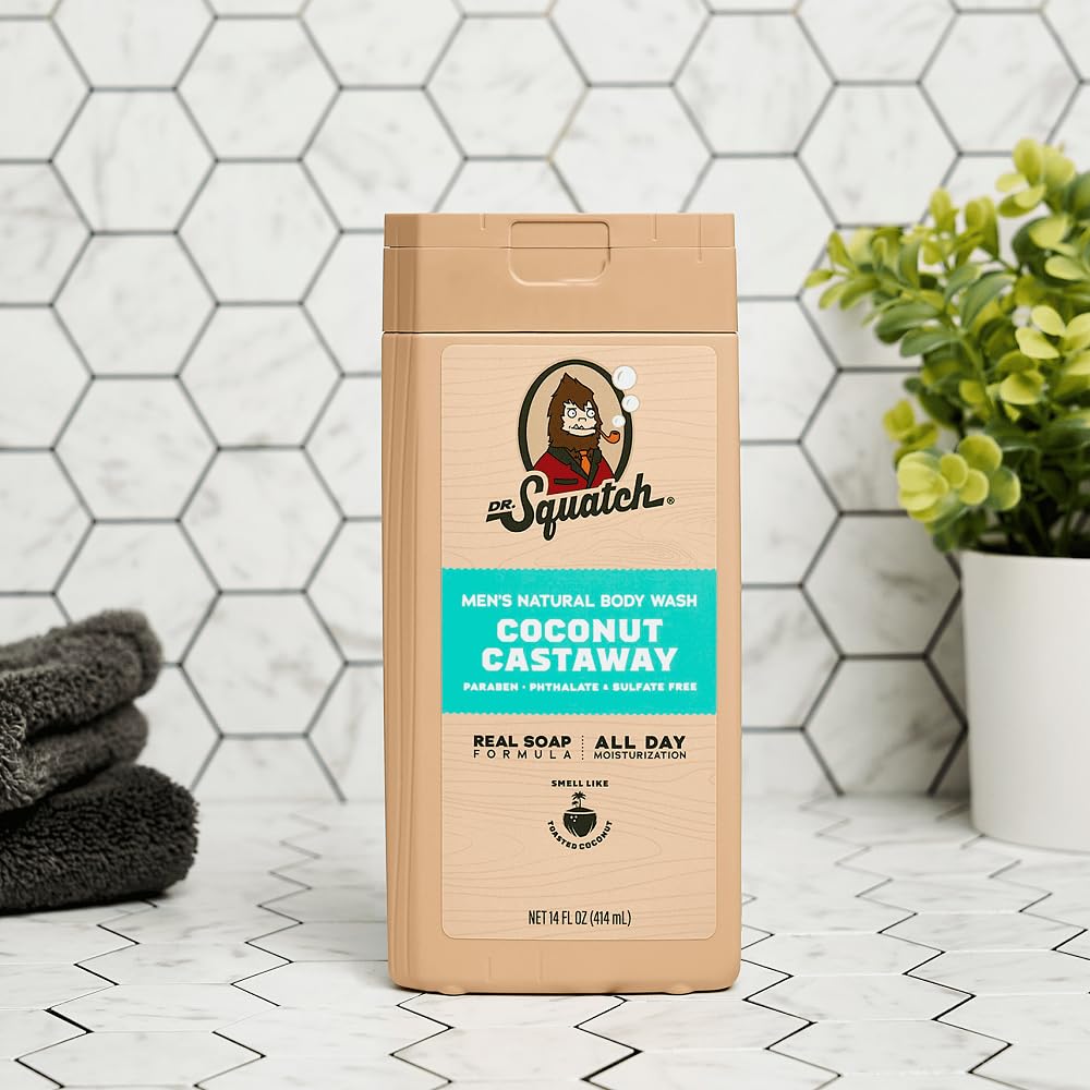 Dr. Squatch shower-scene conveys refreshing morning ritual.