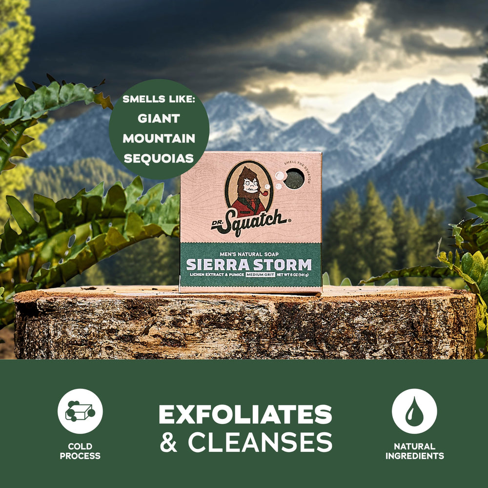 Dr. Squatch Sierra Storm, ingredientes naturales para una piel limpia suave.