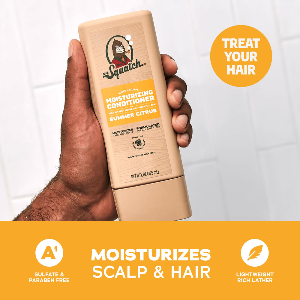 Dr. Squatch Summer Citrus conditioner bottle for smoother, frizz-free strands.