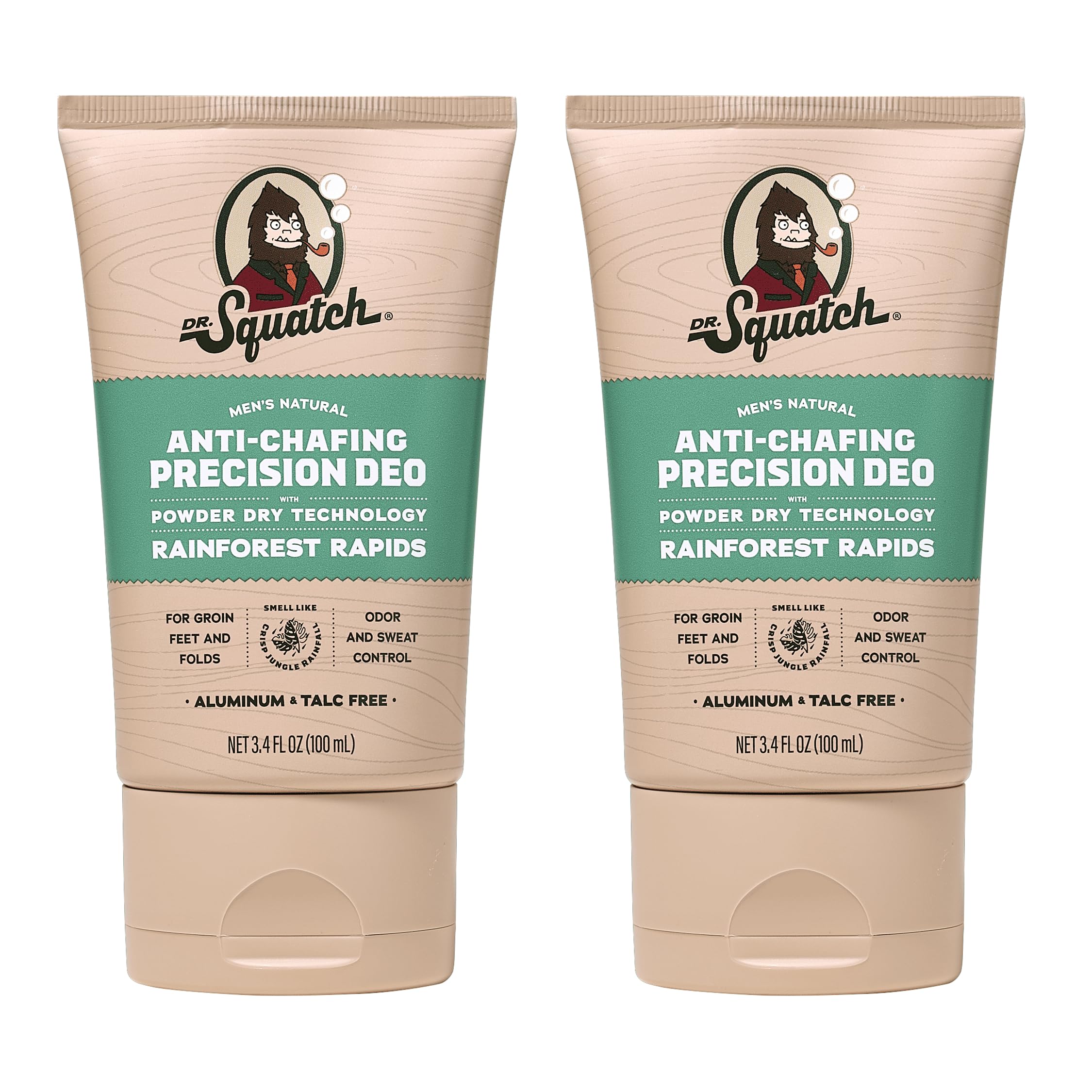 Dr. Squatch Whole Body Deodorant Rainforest Rapids bottle highlights odor control.
