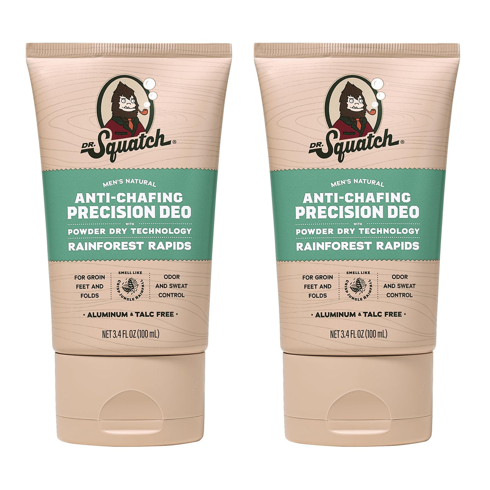 Dr. Squatch Whole Body Deodorant Rainforest Rapids bottle highlights odor control.