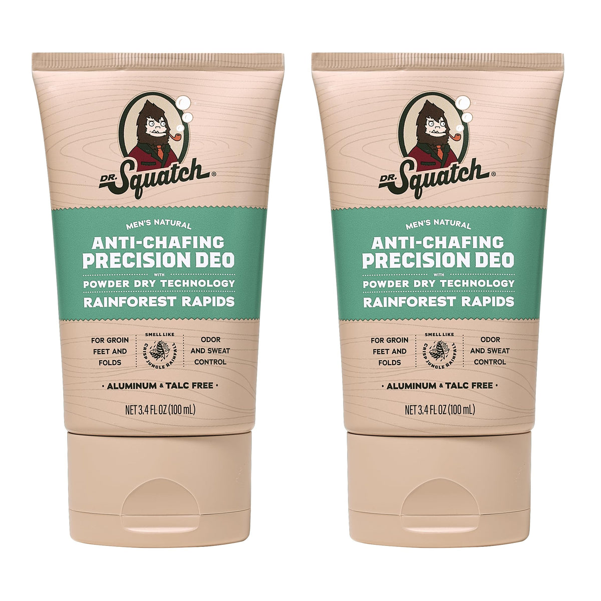 Dr. Squatch Whole Body Deodorant Rainforest Rapids bottle highlights odor control.