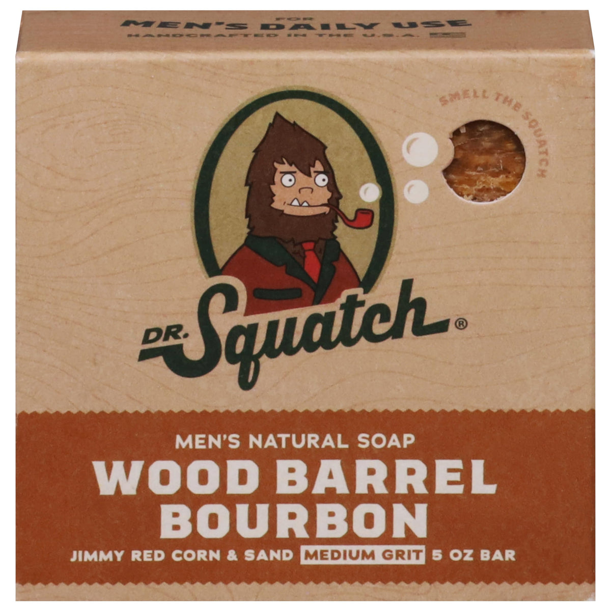 Dr. Squatch Wood Barrel Bourbon bar soap with medium grit for a refreshing cleanse and masculine scent.