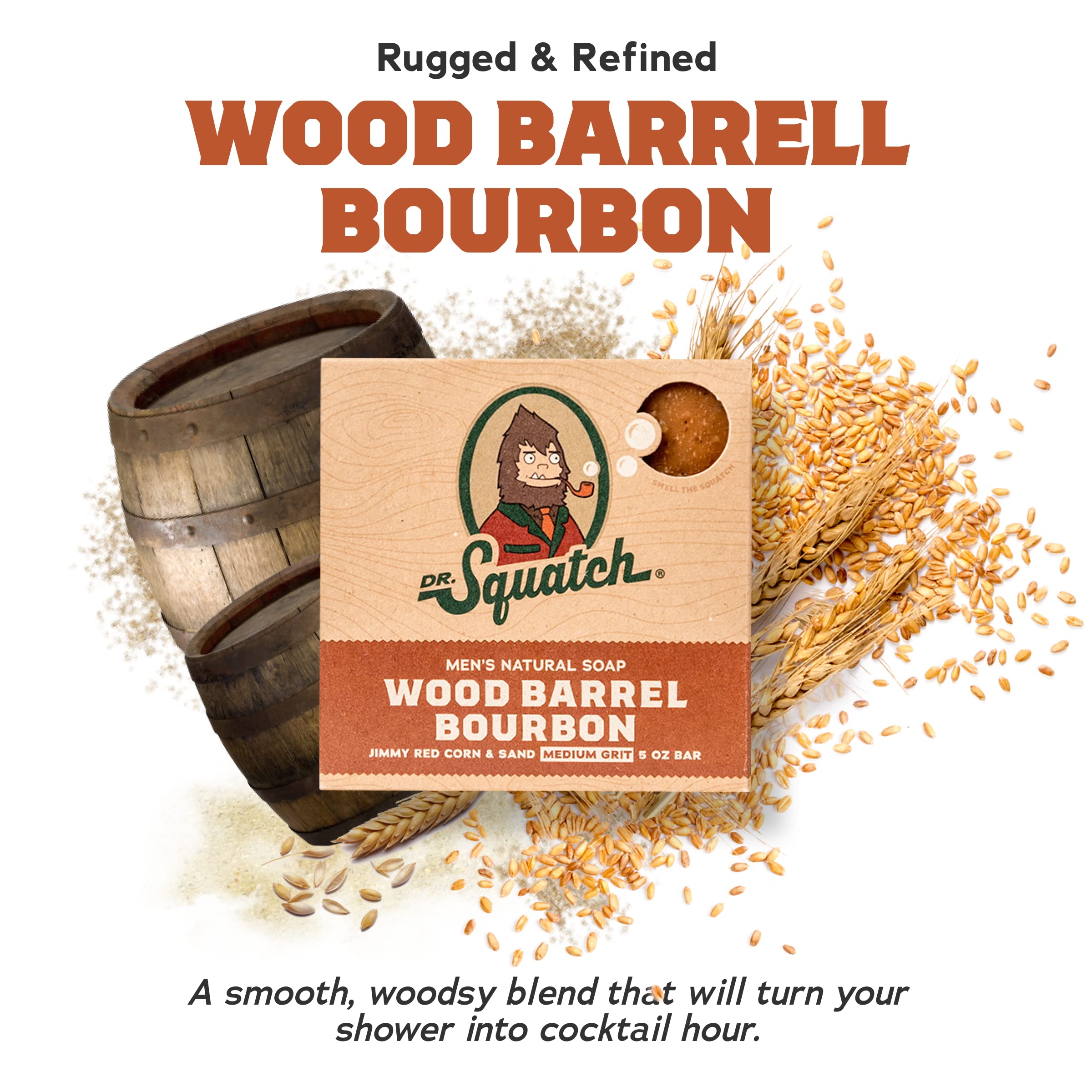 Dr. Squatch Wood Barrel Bourbon soap bar delivers bold scent and deep conditioning.