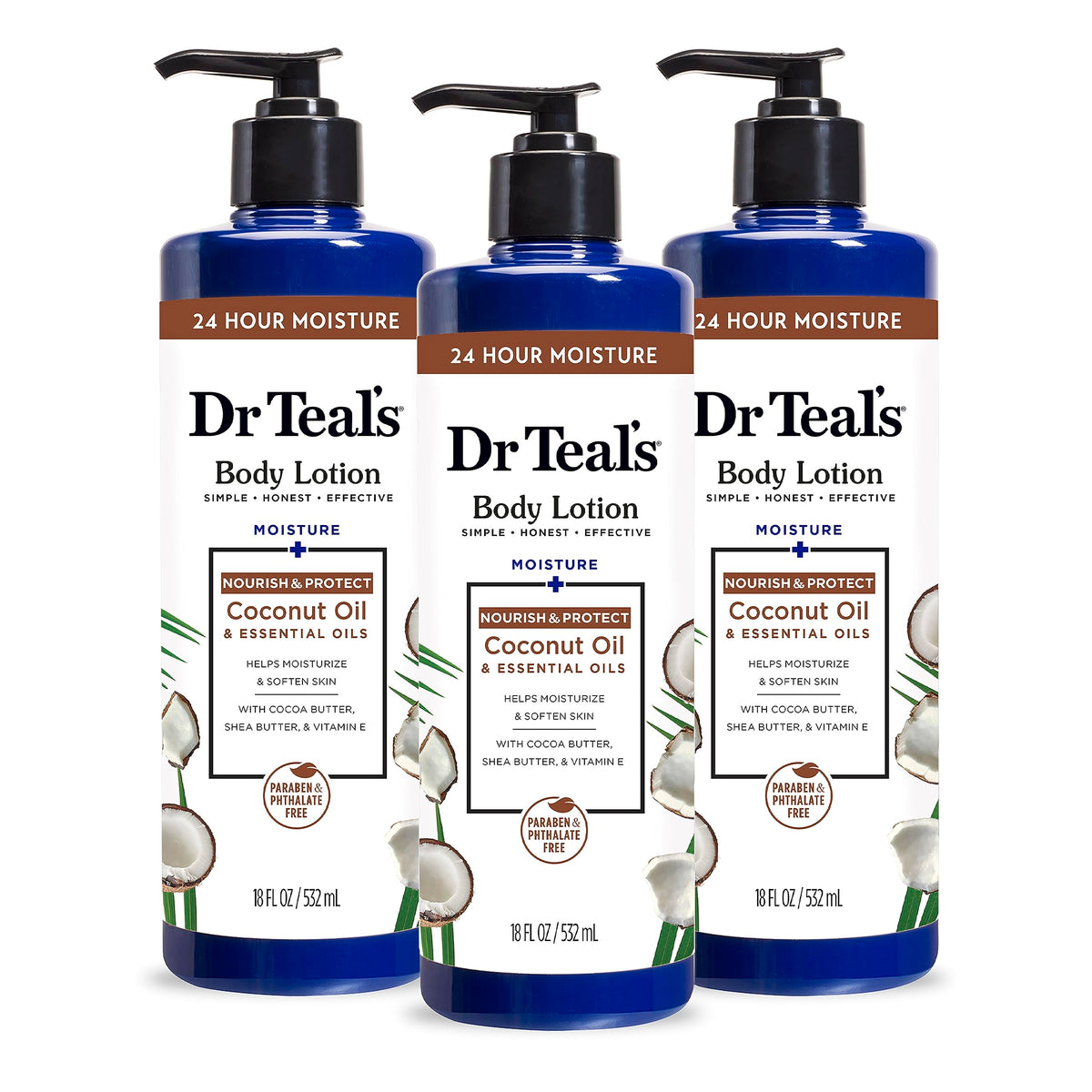 Dr Teal's 24 Hour Moisture coconut bottle demonstrates long-lasting hydration