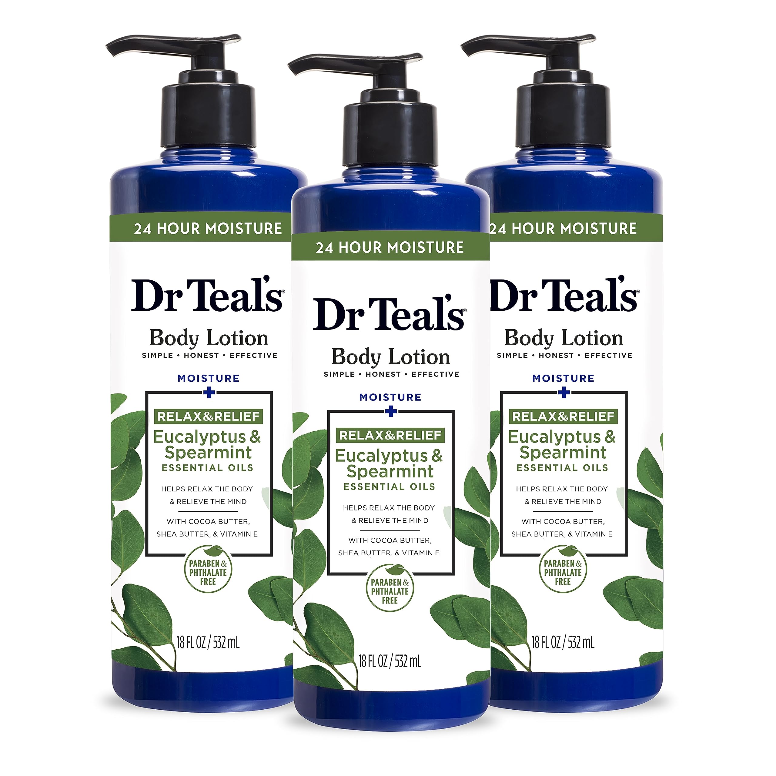 Dr Teal's 24-hour moisture lotion bottle close-up with eucalyptus and spearmint scent for lasting hydration