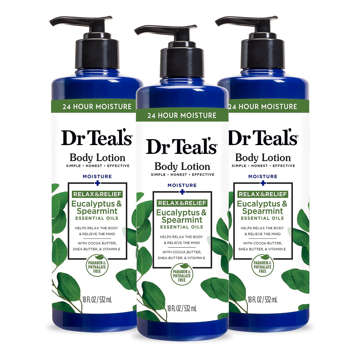 Dr Teal's 24-hour moisture lotion bottle close-up with eucalyptus and spearmint scent for lasting hydration