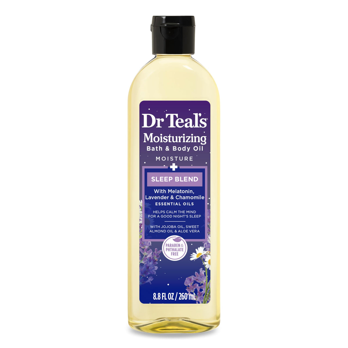 Dr Teal's aceite hidratante para baño enfocado en la botella, hidratación suave durante el baño.