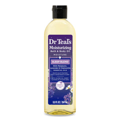 Dr Teal's aceite hidratante para baño enfocado en la botella, hidratación suave durante el baño.