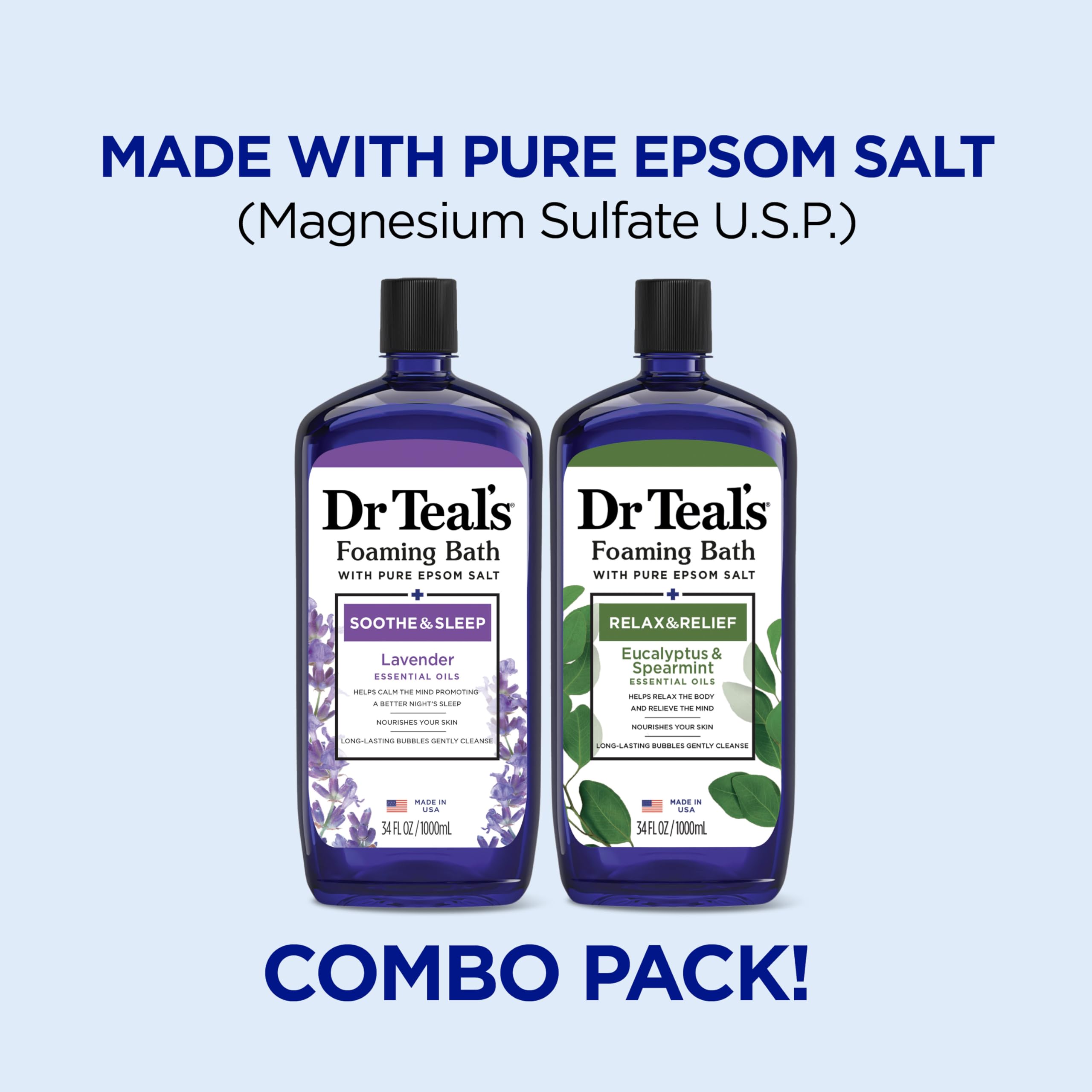 Dr Teal's baño espumoso eucalipto, botella en primer plano, despeja la mente