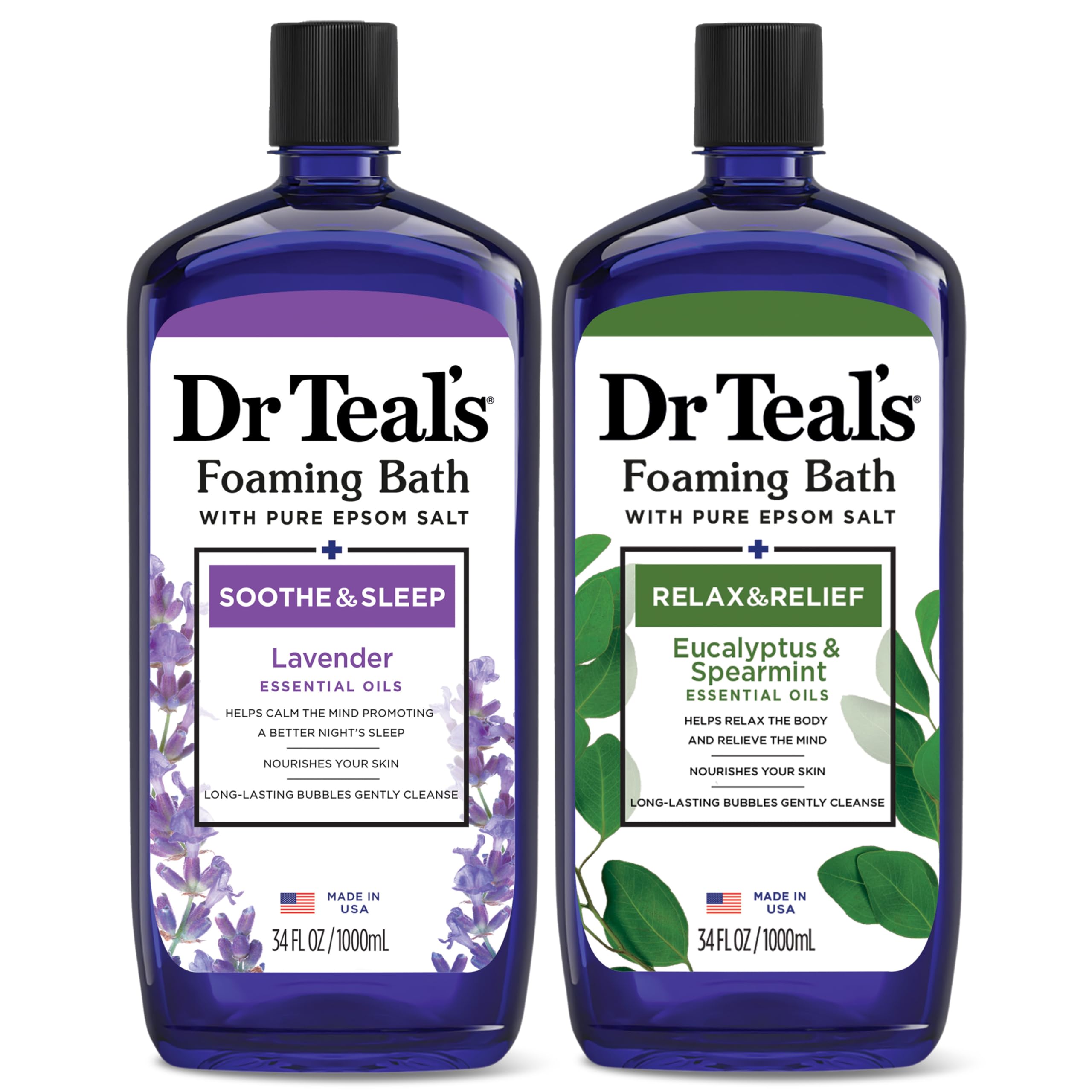 Dr Teal's baño espumoso lavanda, botella en primer plano, ayuda a relajarse