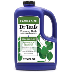 Dr Teal's botella de baño espumoso vista frontal para relajación nocturna.