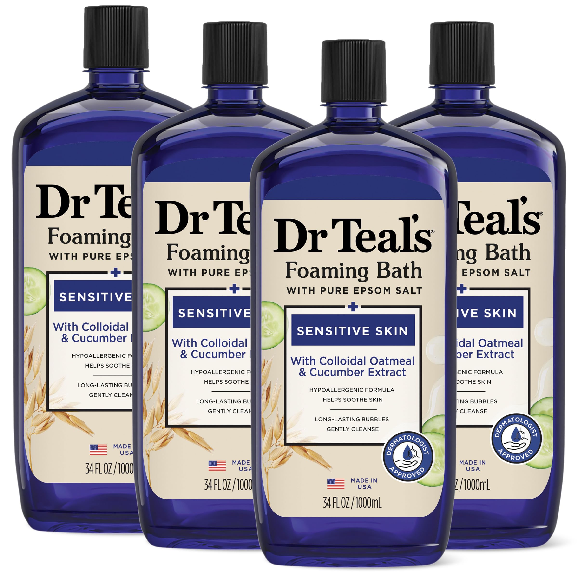 Dr Teal's baño espumoso con burbujas de sal de Epsom para piel sensible.