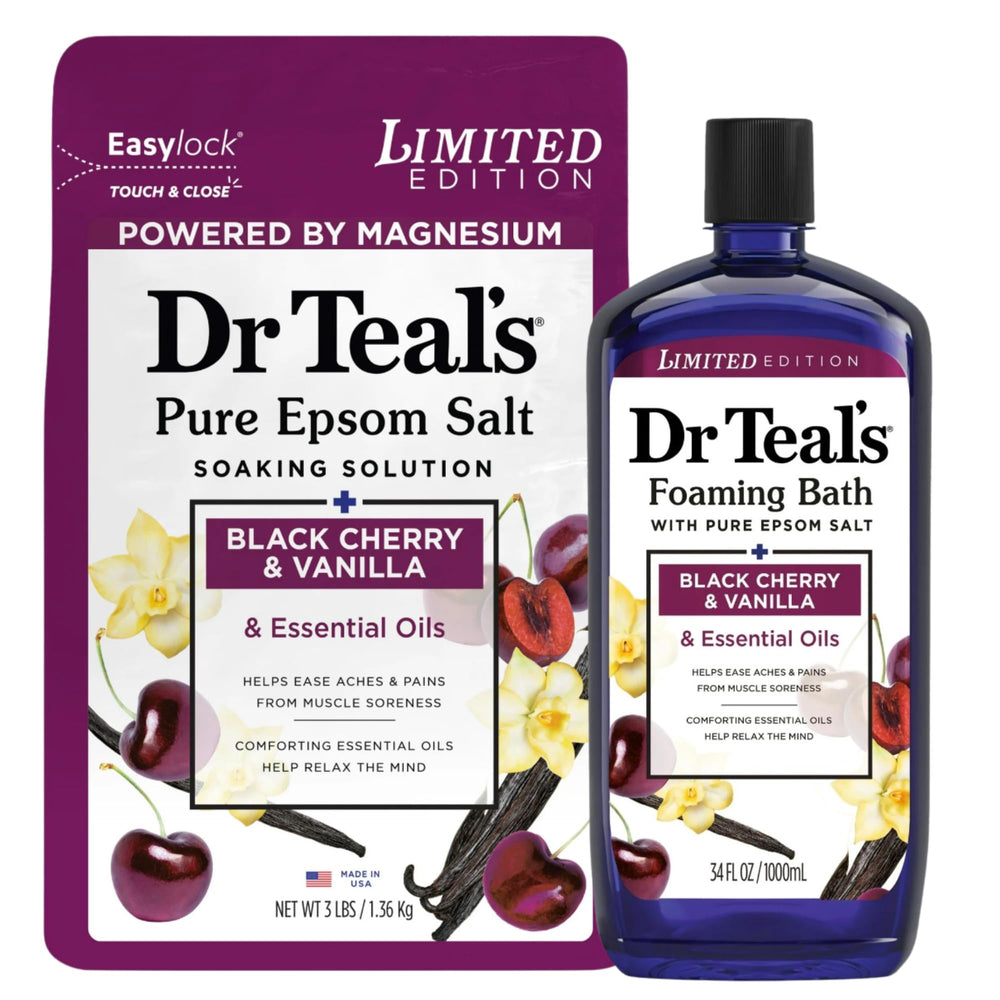 Dr Teal's bath set packaging showcases limited edition Black Cherry & Vanilla for spa-like baths.