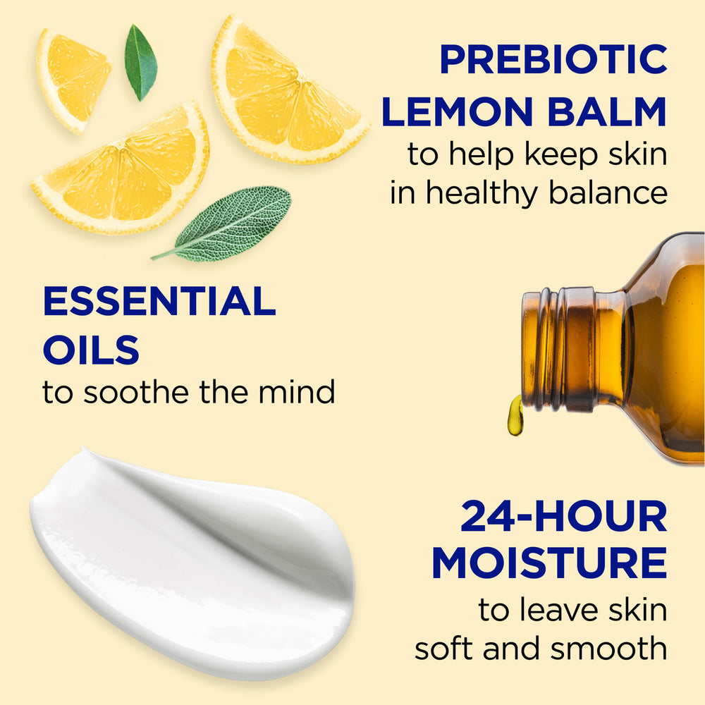 Close-up of lemon balm ingredients behind Dr Teal's lotion.