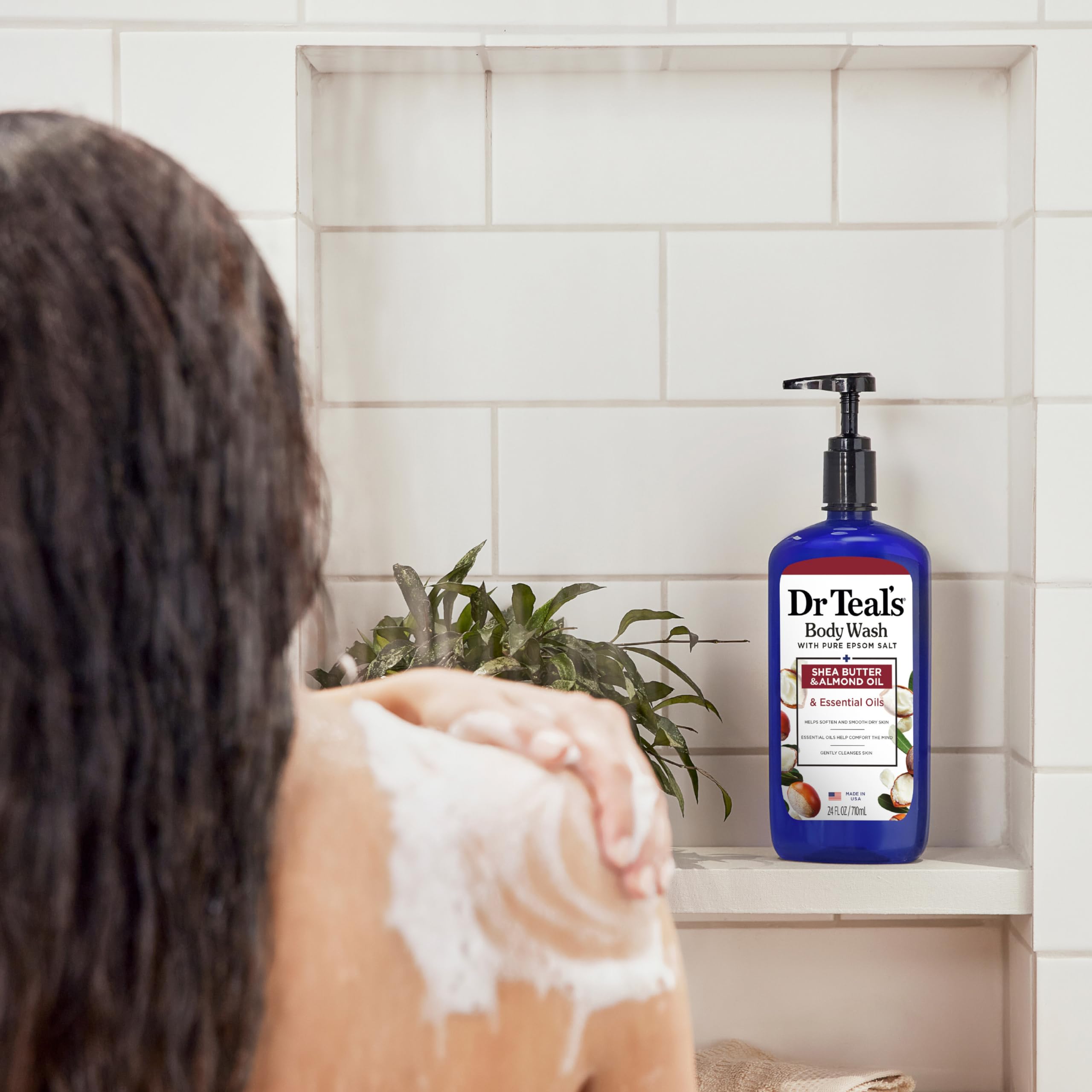 Gentle cleansing pump of Dr Teal's body wash ready for shower use.