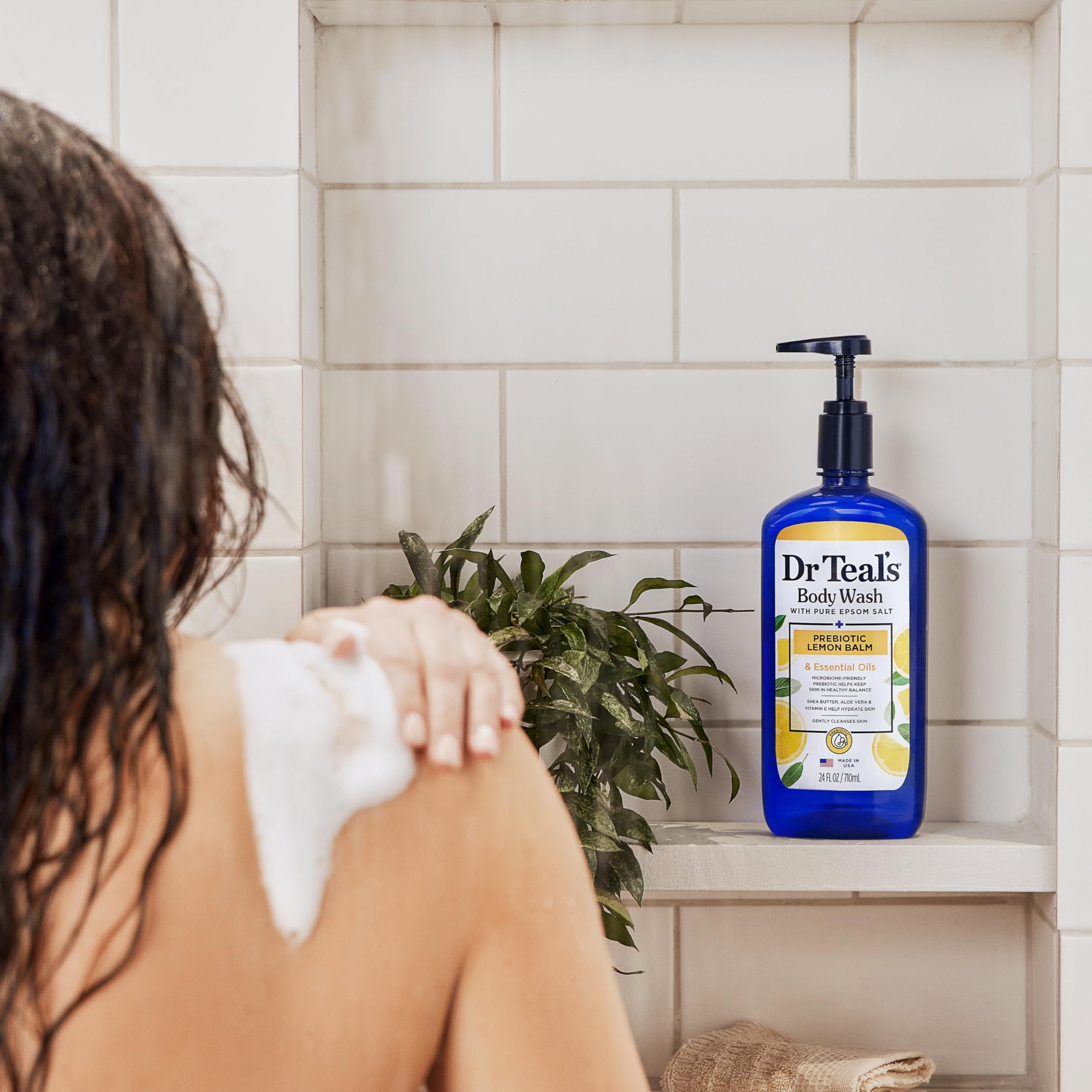 Shea butter and Vitamin E visible for deep moisture after shower with Dr Teal's.