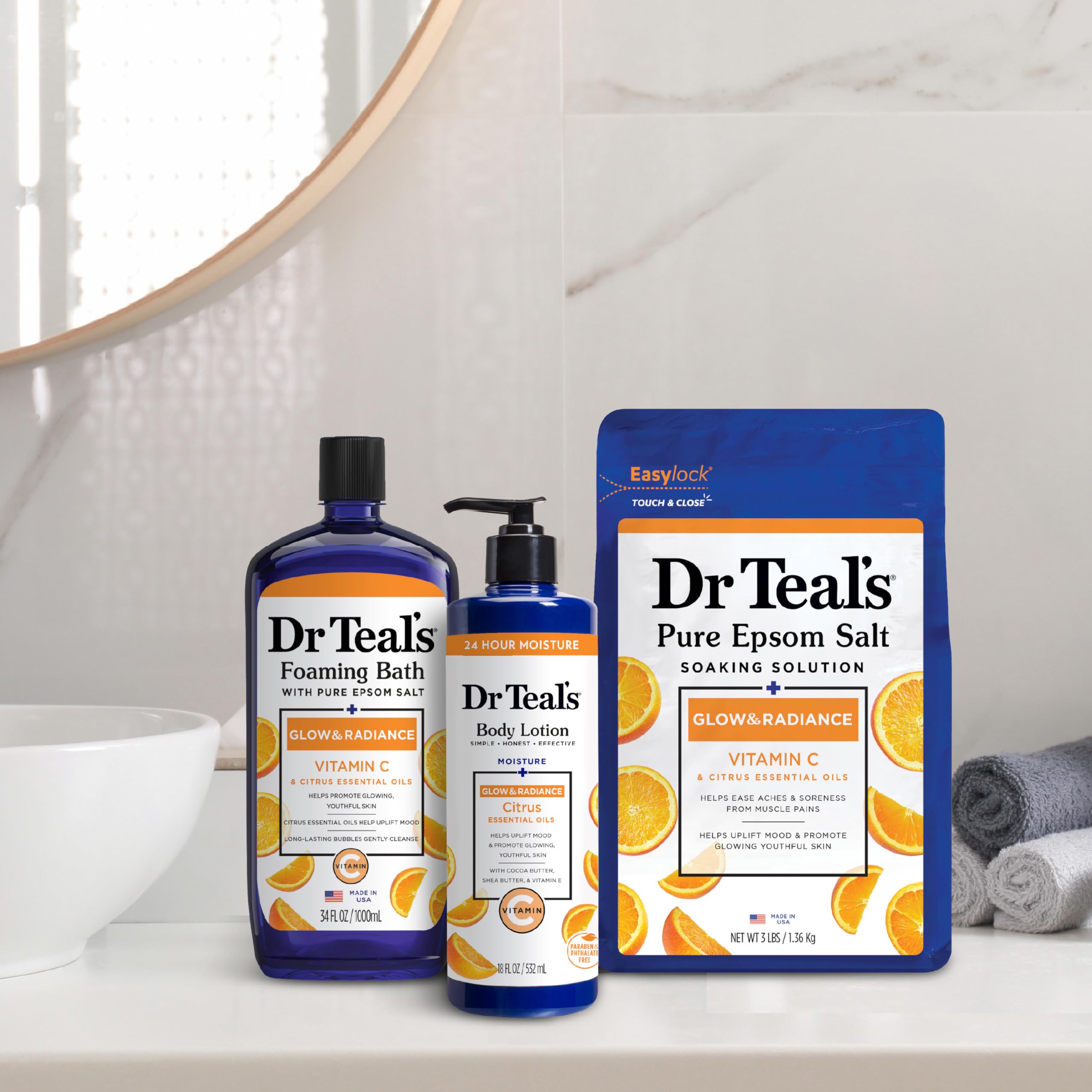 Cruelty-free and vegan logo complements Dr Teal's product ethics.