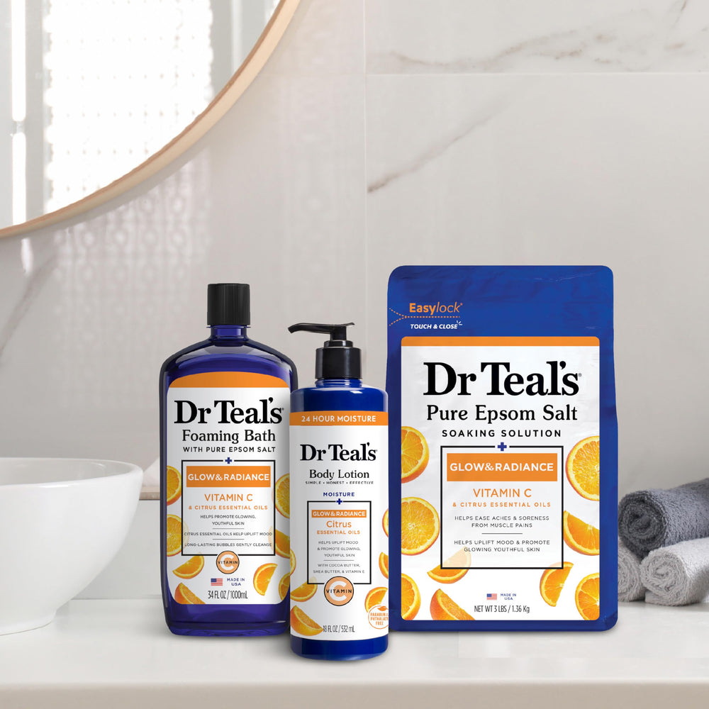 Cruelty-free and vegan logo complements Dr Teal's product ethics.