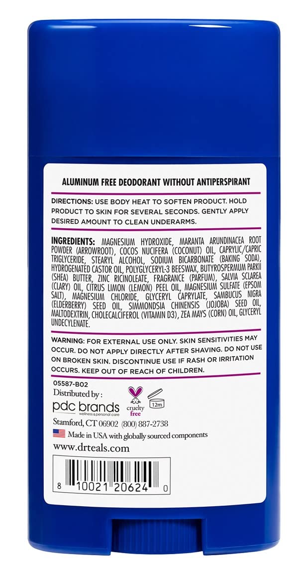 Desodorante Dr Teal's sauco y vitamina D, envase compacto para llevar.