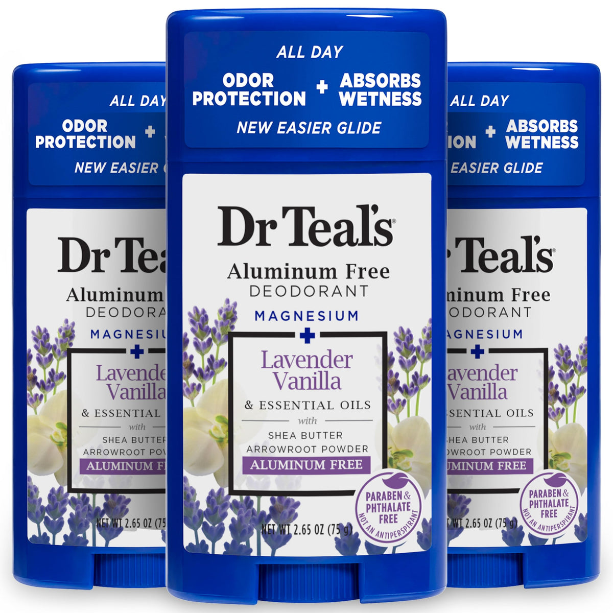 Dr Teal's desodorante sin aluminio Lavanda Vainilla, protección diaria y aroma relajante.