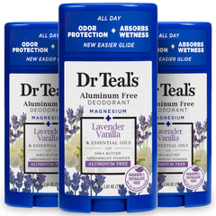 Dr Teal's desodorante sin aluminio Lavanda Vainilla, protección diaria y aroma relajante.