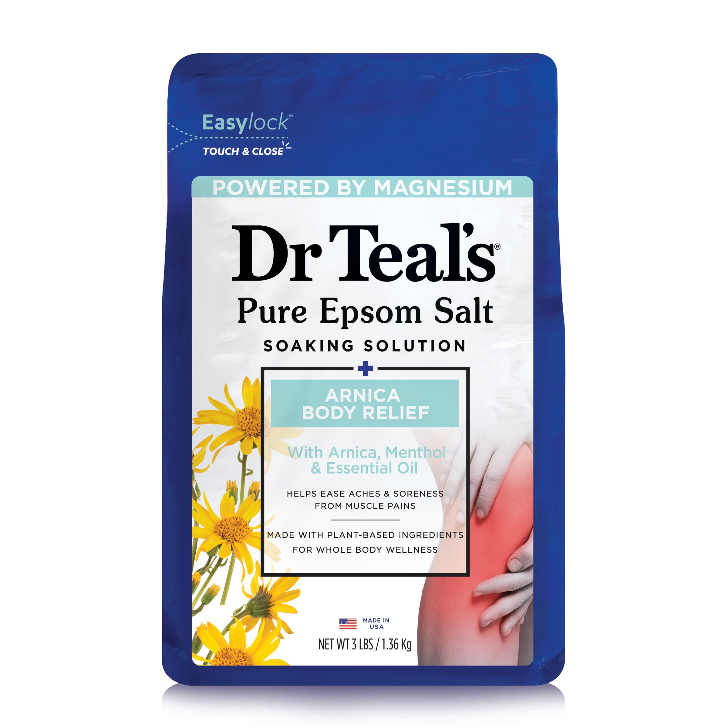 Dr Teal's Epsom Salt bottle shows magnesium blend for easing everyday muscle tension