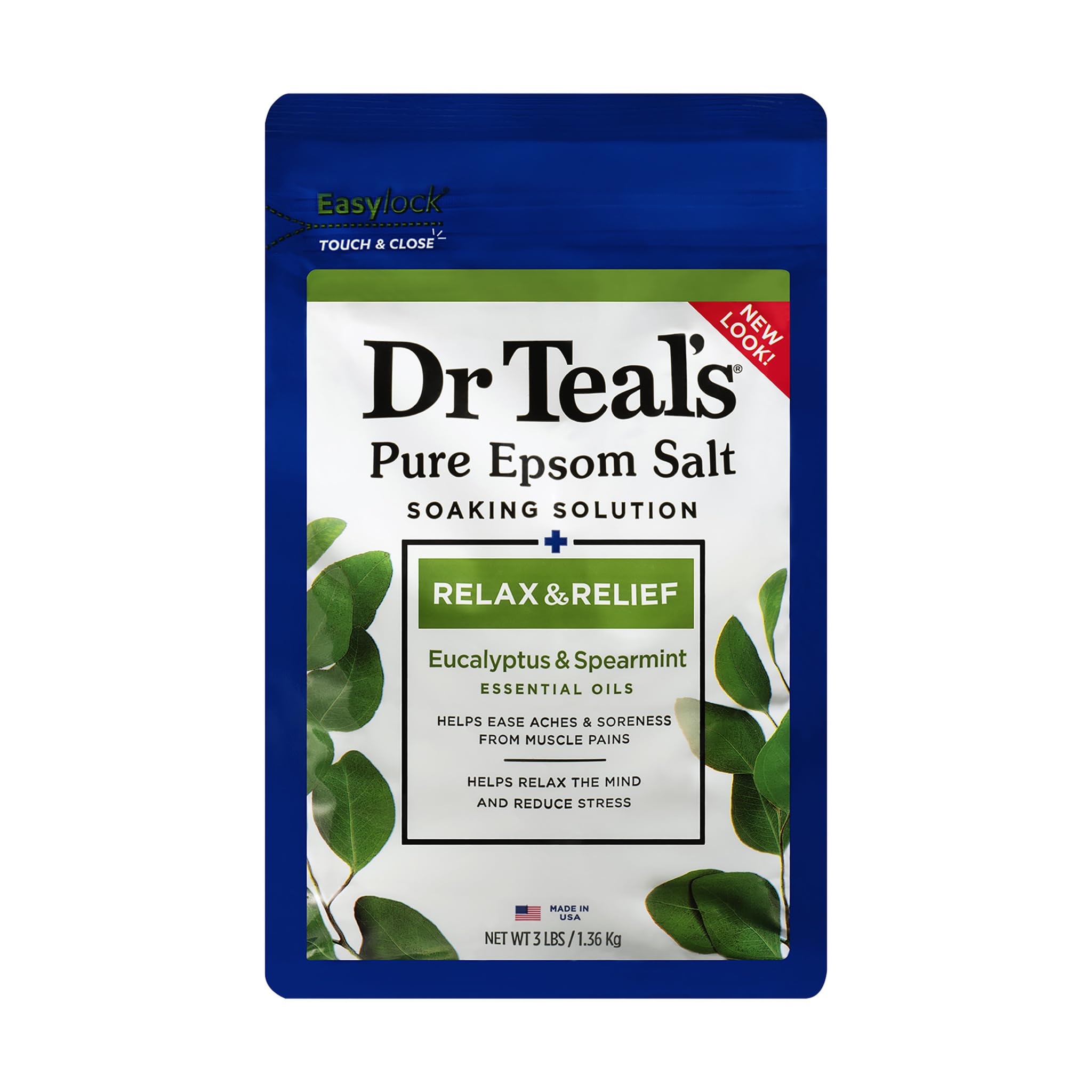 Dr Teal's Relax & Relief bottle with eucalyptus and spearmint aroma for relaxing muscle comfort.