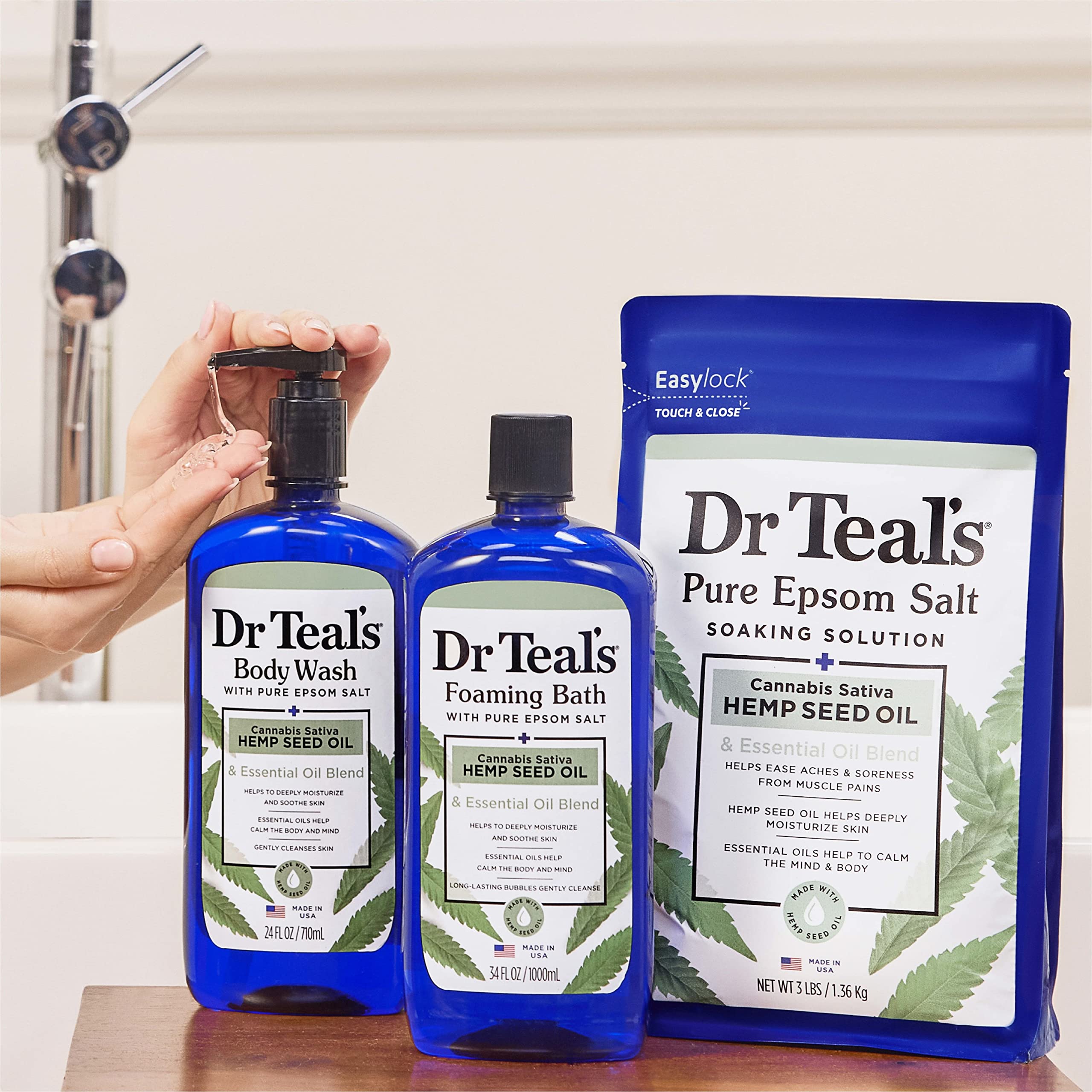 Dr Teal's exfoliate with Epsom salt wash bottle for gentle polish.