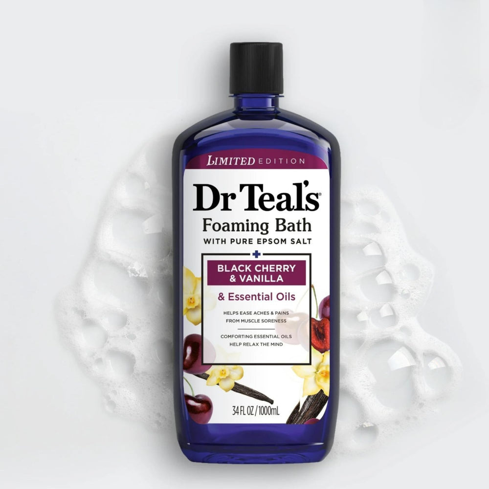 Foaming Bath bottle shows rich lather for a relaxing bath and aromatherapy.