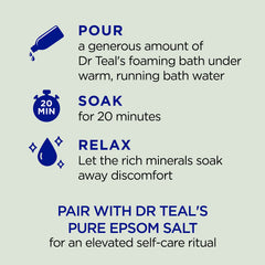 Foaming bath bubbles filling the tub for a relaxing soak with Dr Teal's.
