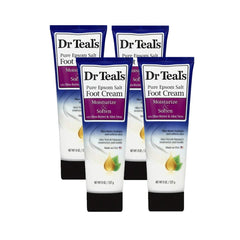 Dr Teal's 4-pack foot cream bottles delivering intense moisture for dry heels.