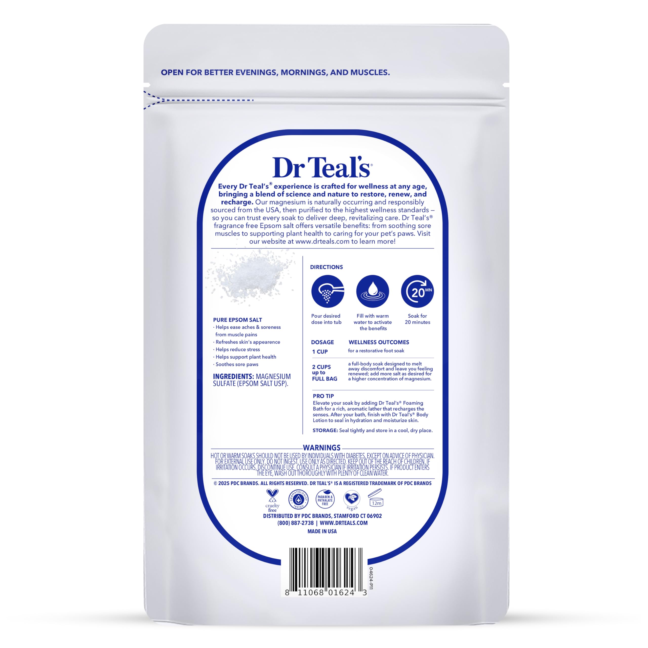 Dr Teal's fragrance-free Epsom salt bag ready for easy, long-lasting bath use.
