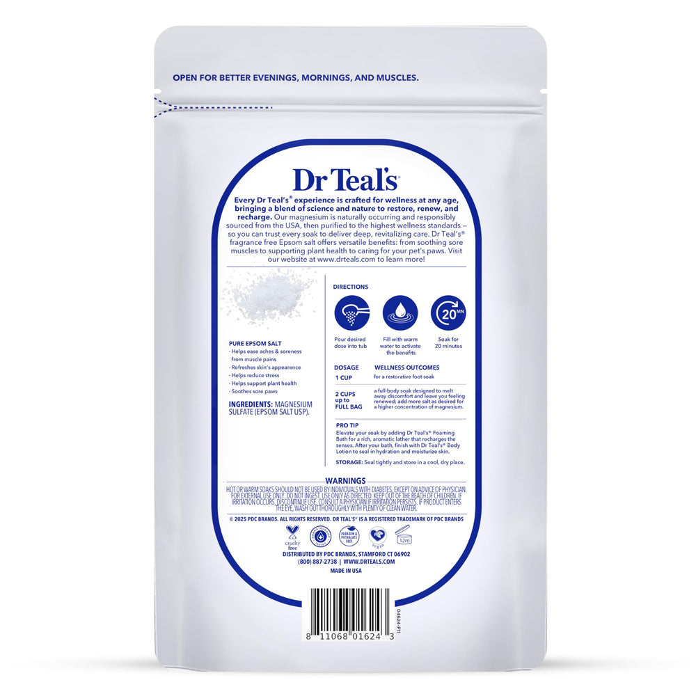Dr Teal's fragrance-free Epsom salt bag ready for easy, long-lasting bath use.