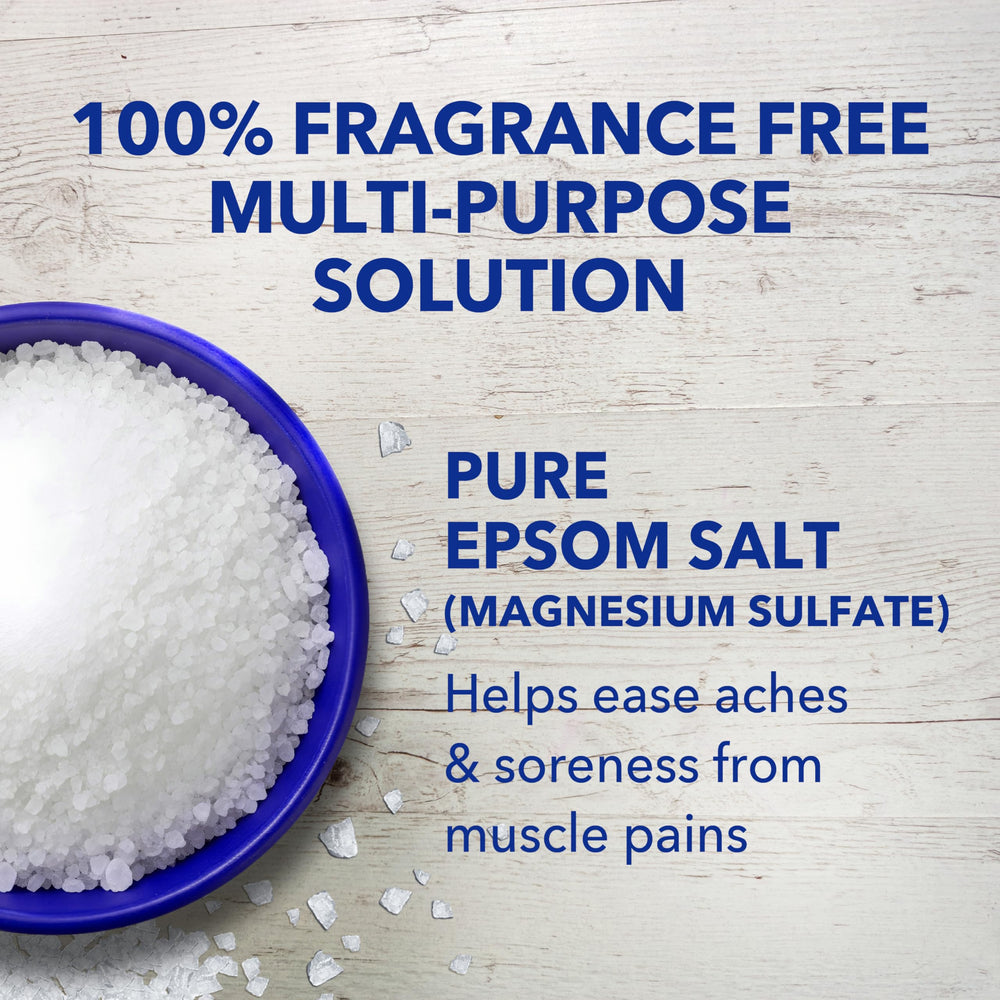 Close-up of the Dr Teal's label highlighting magnesium sulfate and fragrance-free formula.
