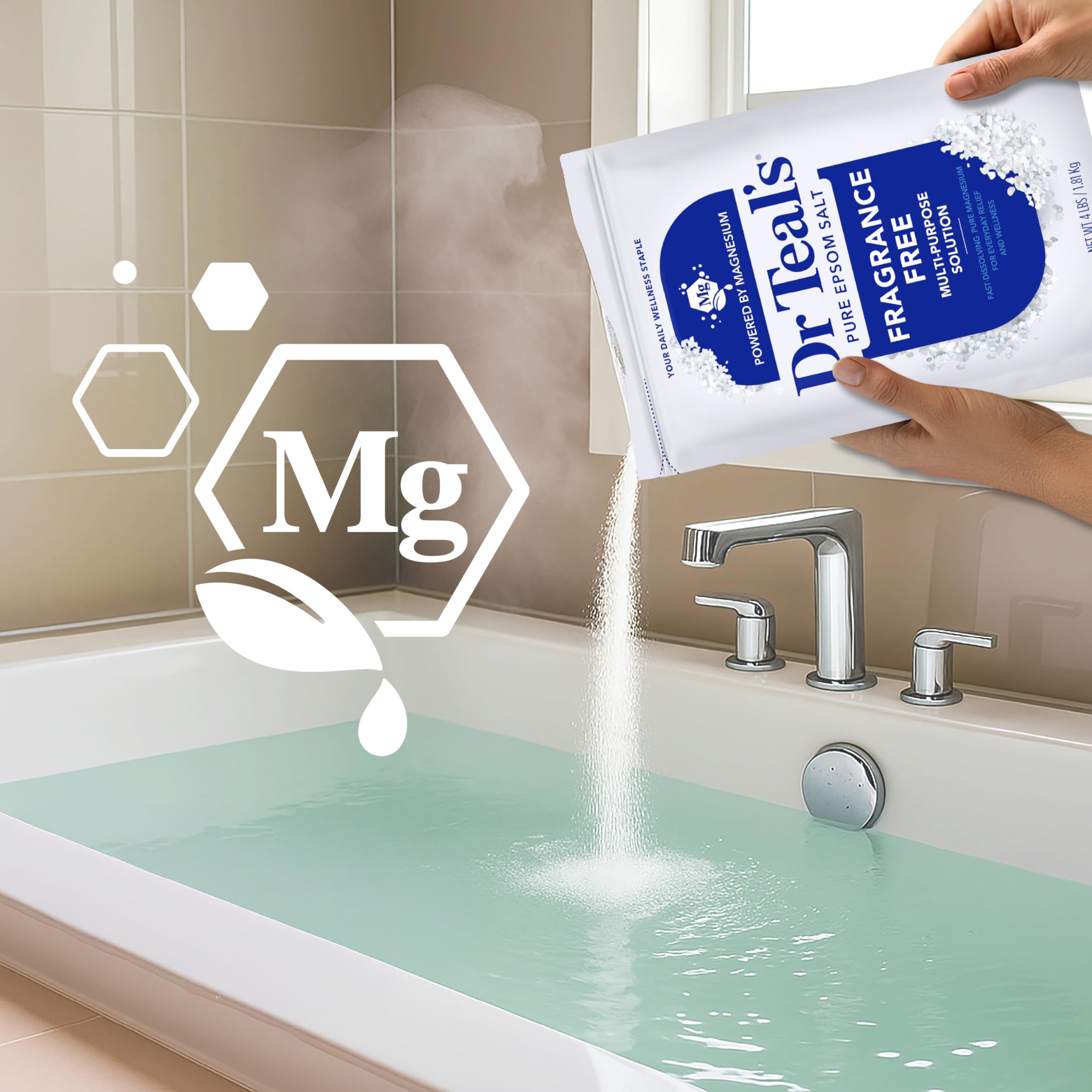 Pouring two cups of Dr Teal's into a running bath for a calming ritual.