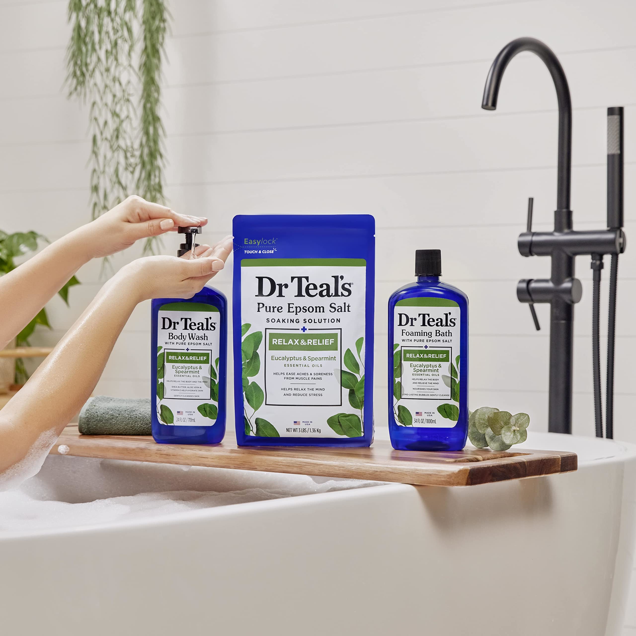 Label highlights paraben-free and vegan, cruelty-free benefits of Dr Teal's formula.