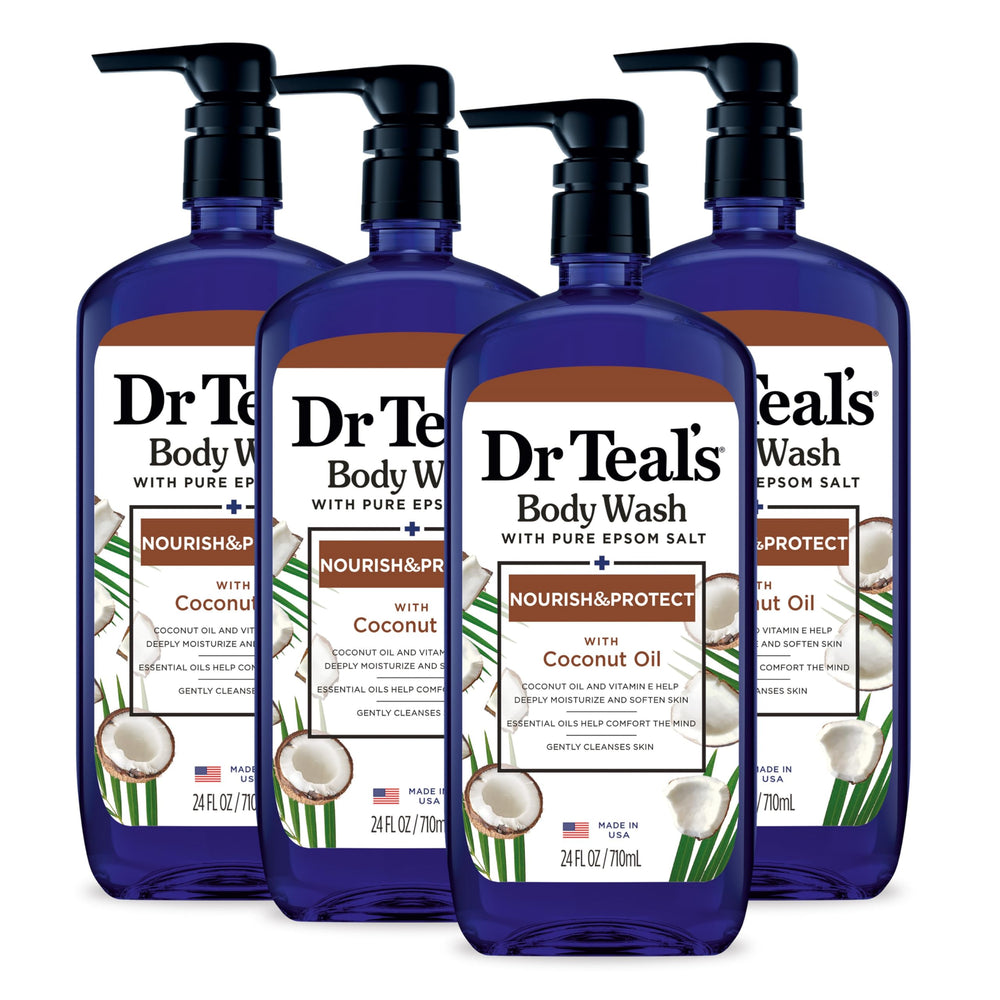 Dr Teal's gel de ducha con sales de Epsom se vierte de la botella para una experiencia relajante.