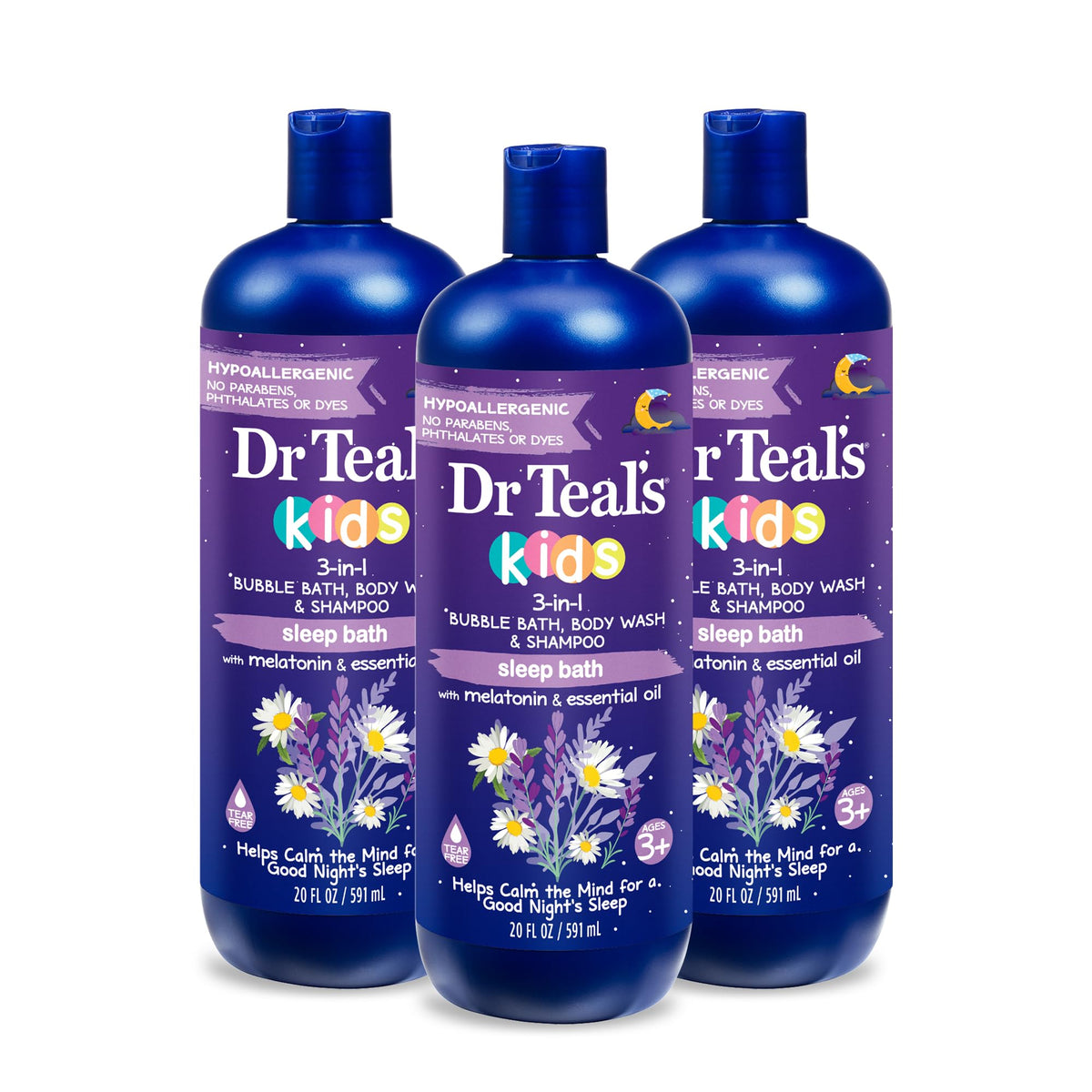 Dr Teal's Kids 3-en-1 baño nocturno con burbujas para un baño relajante.