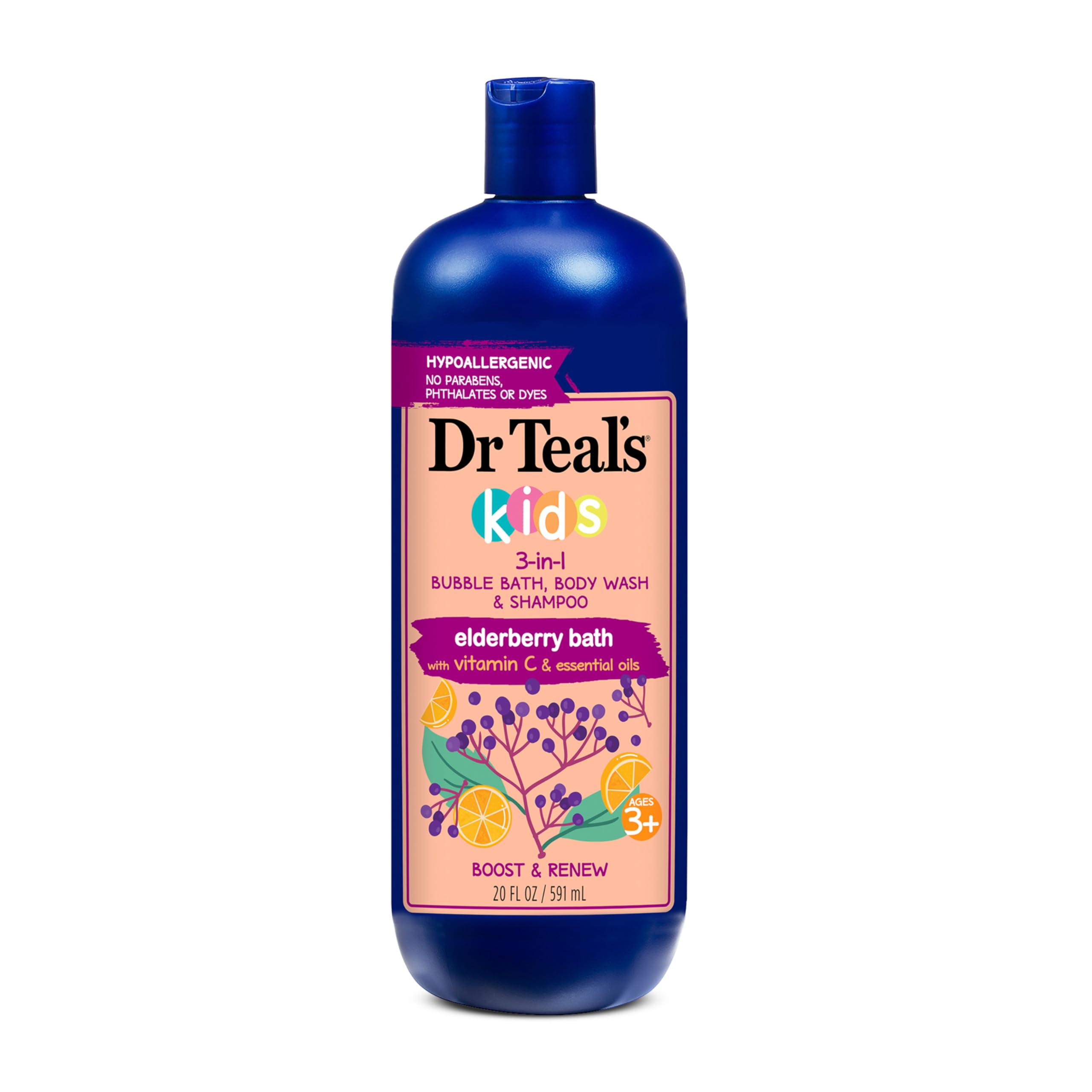 Dr Teal's Kids 3-en-1 Elderberry botella, aroma suave para baño infantil