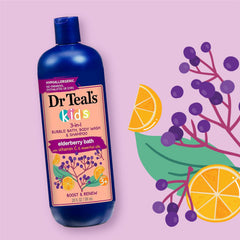Dr Teal's Kids 3-in-1 elderberry bottle showing rich lather for body wash and shampoo.