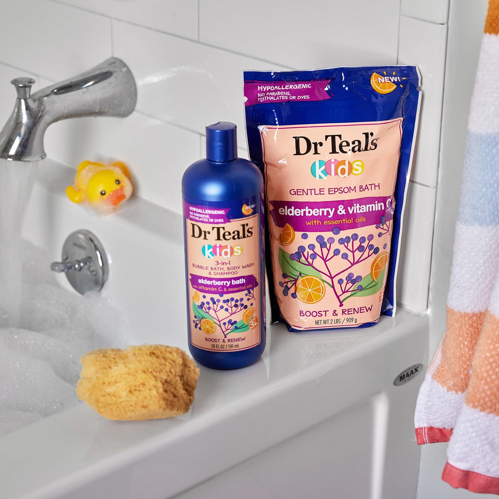 Dr Teal's Kids 3-in-1 bottle highlights paraben-free and phthalate-free formula.
