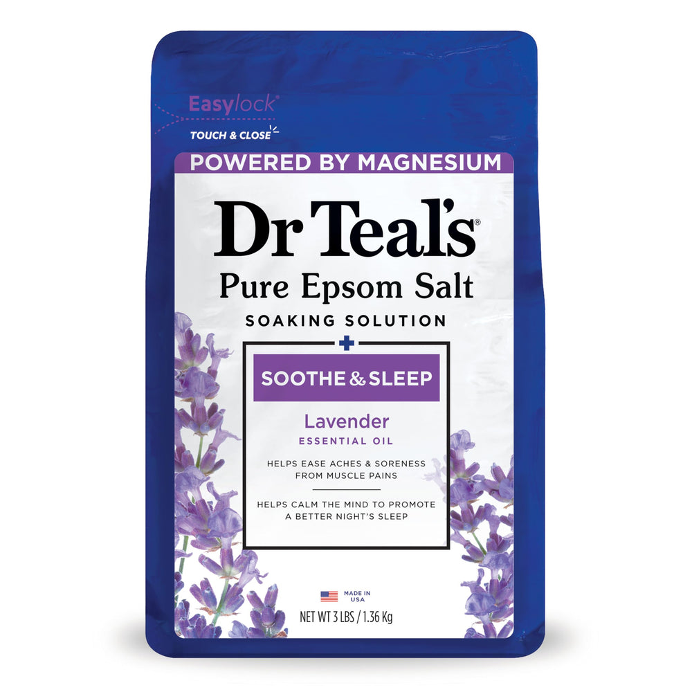 Dr Teal's Lavender Epsom Salt bottle pouring into bath for relaxation.