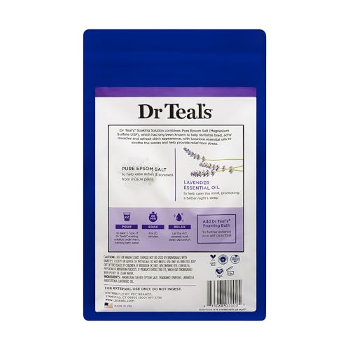 Dr Teal's Lavender Epsom Salt being poured for a calming soak
